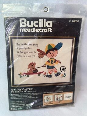 Bucilla, “Good Sport” Cross Stitch Kit, Vintage unopened Stamped Sampler 48555